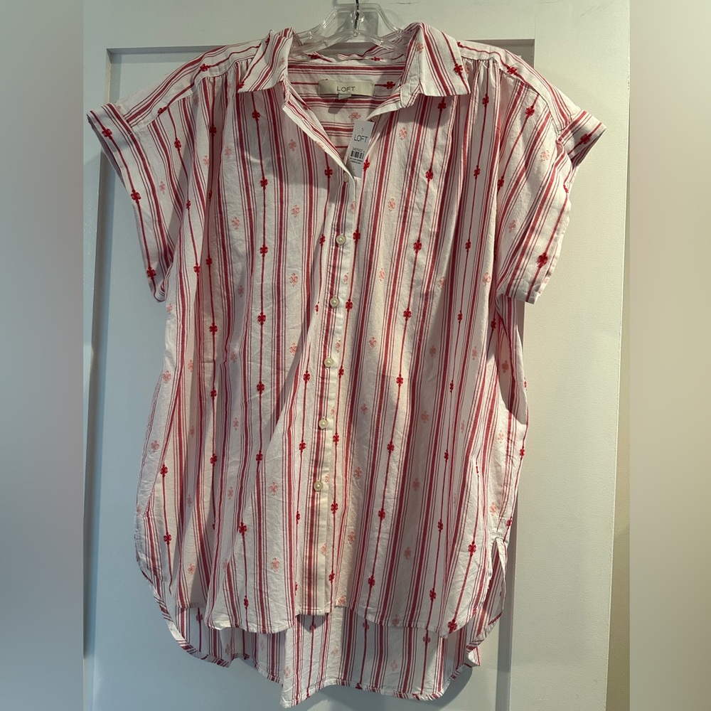 New Loft red and white striped button cuff sleeve short sleeve shirt.